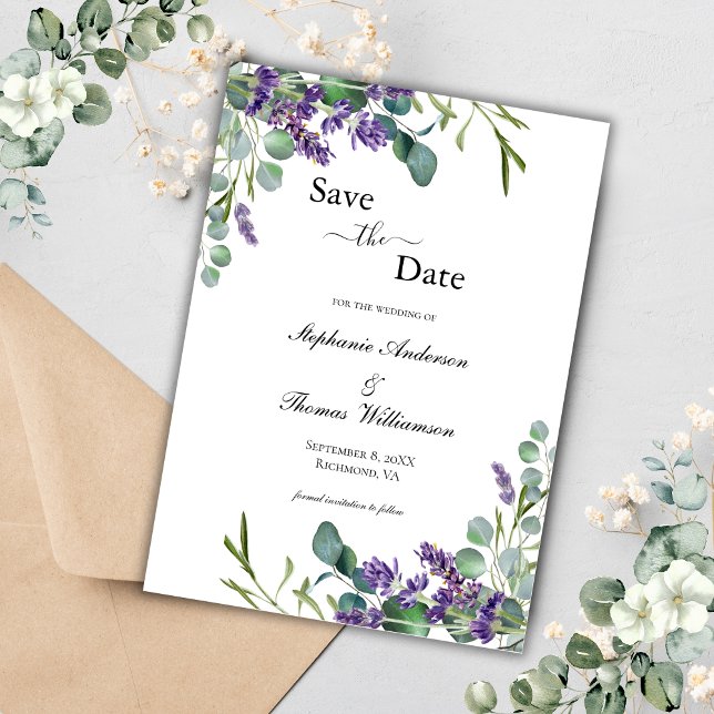 Boho Lavender Eucalyptus Eleganter Moderner QR-Cod Save The Date (Boho Elegant Lavender Eucalyptus Formal Wedding Save the Date Card)