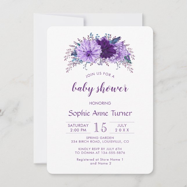 Boho Lavender Floral Plum Lila Baby Showroom Einladung (Vorderseite)