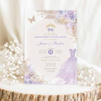 Boho Lavender Floral Twins Boy Girl Quinceañera Einladung