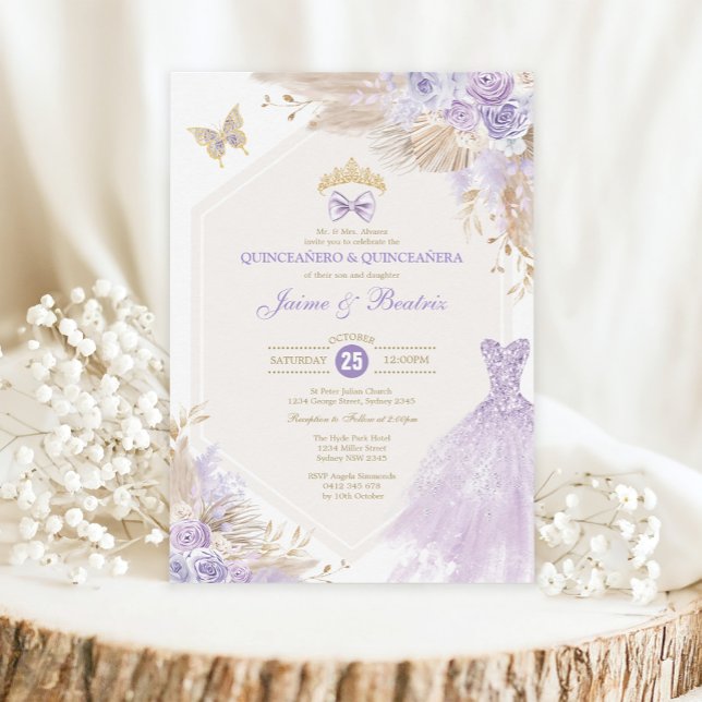 Boho Lavender Floral Twins Boy Girl Quinceañera Einladung (Von Creator hochgeladen)
