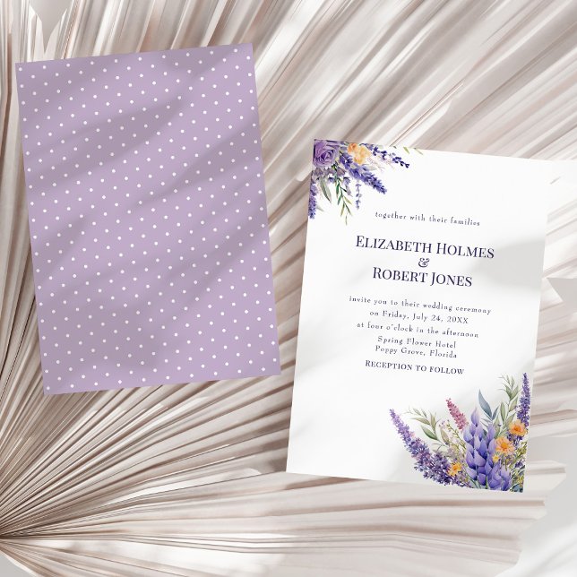 Boho Lavender Lilac Watercolor Wildblumen Hochzeit Einladung (Boho Lavender Lilac Watercolor Wildflowers Wedding Invitation on a sunny neutral dry palm leaf.)