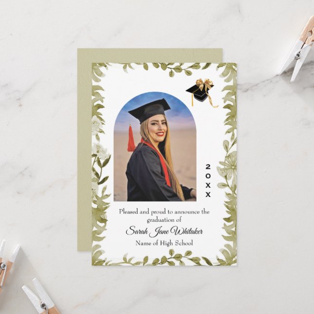 Boho Leaf Border Hi-School Graduation announcement Karte (Vorderseite/Rückseite Beispiel)