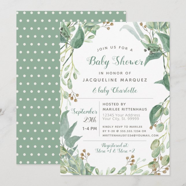 BOHO Leaf Foliage Eukalyptus Greenery Baby Shower Einladung (Vorne/Hinten)