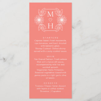 Boho Leaf Monogram Coral Pink Hochzeitsessen Menükarte