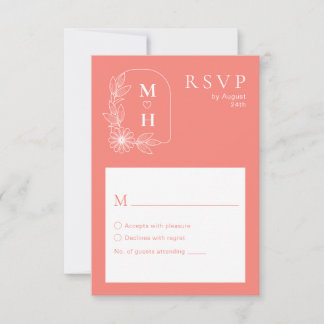 Boho Leaf Monogram Coral Pink Wedding RSVP Karte