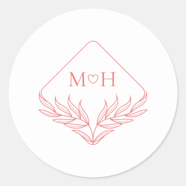 Boho Leaf Monogram Coral Pink Wedding Runder Aufkleber (Vorderseite)