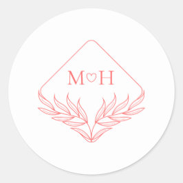 Boho Leaf Monogram Coral Pink Wedding Runder Aufkleber