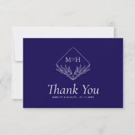 Boho Leaf Monogram Simple Blue and White Wedding Dankeskarte