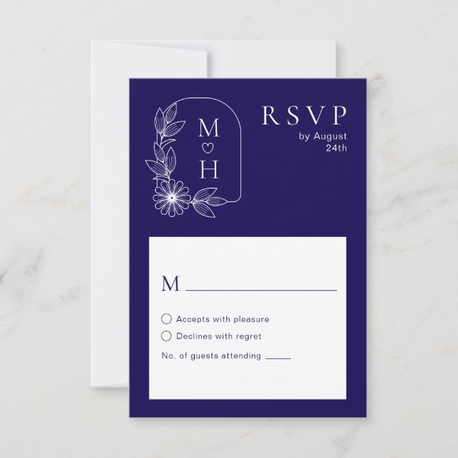 Boho Leaf Monogram Stylish Blue and White Wedding RSVP Karte (Vorderseite)