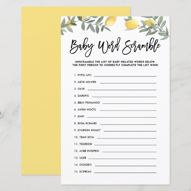 Boho Lemon Baby Word Scramble Baby Showspiel (Vorne/Hinten)