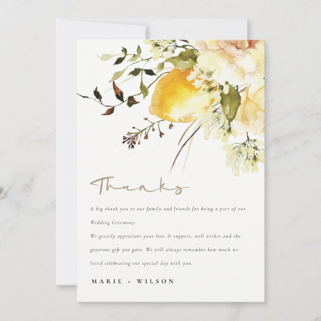 Boho Lemon Yellow Watercolor Floral Wedding Dankeskarte (Vorderseite)