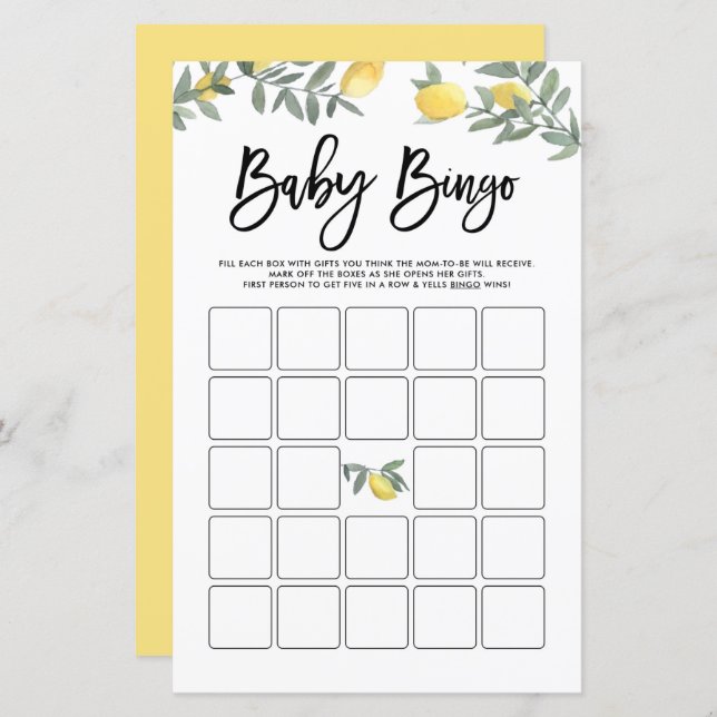Boho Lemons Babydusche Bingo Game (Vorne/Hinten)