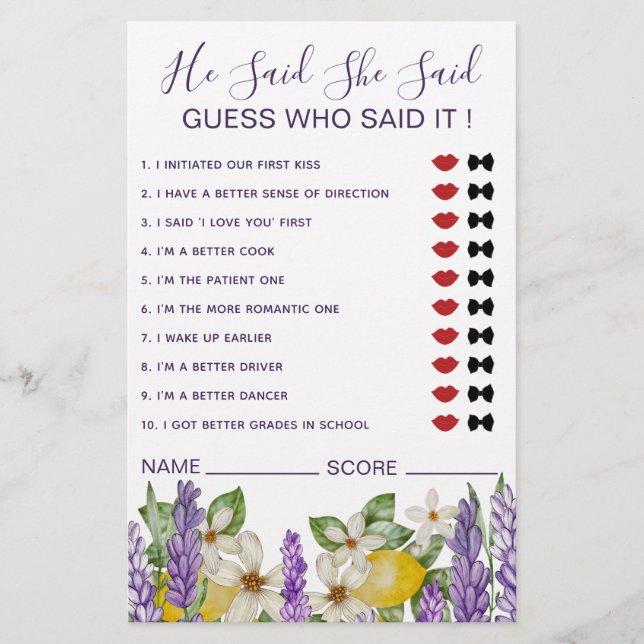 Boho Lemons & Lavender sagte, sie sagte, Spiel Flyer (Vorne)