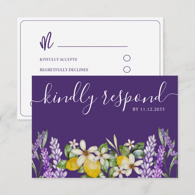 Boho Lemons & Lavender Wedding RSVP Karte (Vorne/Hinten)
