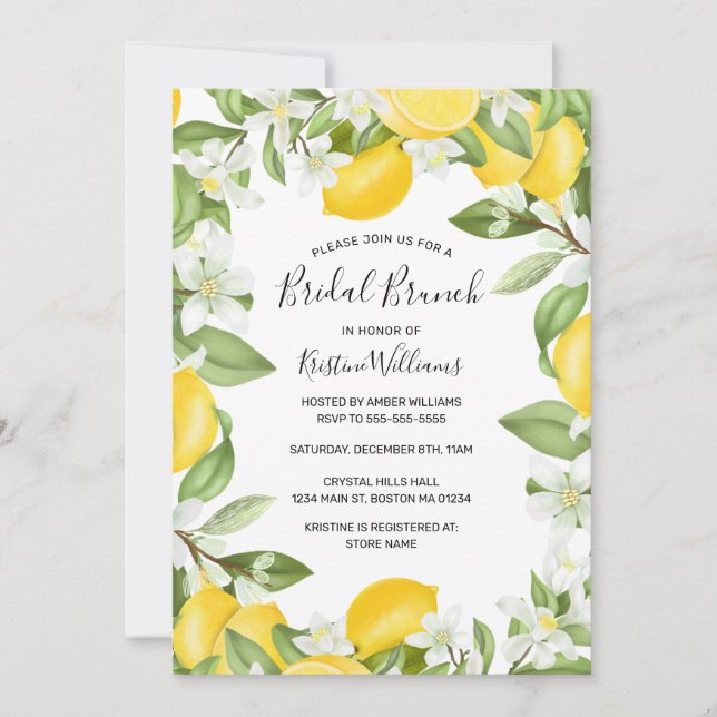 Boho Lemons Watercolor Floral Bridal Brunch Einladung (Vorderseite)