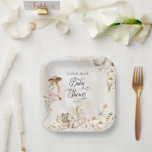Boho Leopard | Dusche für tropische Pflanzen Pappteller<br><div class="desc">Unterschwellige tropische Eleganz mit schönen gedämpften Blumen als Rahmen für Ihr Mädchen "Baby Shower" in diesem Drehbuch Text böhmischen Design. Eine Dame mit einem großen Floppy-Gartenhut in einem lang fließenden, blass, rosafarbenen Gewand, der einen üppigen Blume-Bouquet mit einem wunderschönen Aquarellleopard zu ihren Füßen in einer Reihe boho botanischer Kreationen. Composite...</div>