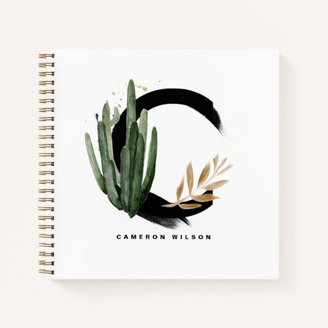 Boho Letter C Monogram Watercolor Tropical Cactus Notizbuch (Vorderseite)