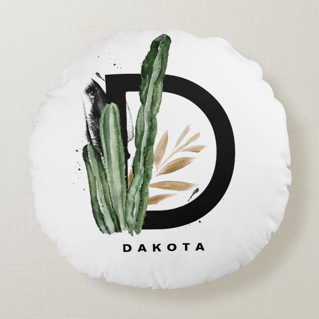 Boho Letter D Monogram | Tropisches Kaktus-Monogra Rundes Kissen (Vorderseite)