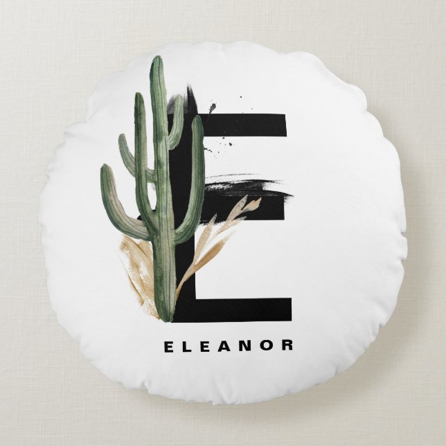 Boho Letter E Monogram | Tropisches Kaktus-Monogra Rundes Kissen (Vorderseite)