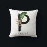 Boho Letter P Monogram Palm Blätter Tropical Kissen<br><div class="desc">Individuell anpassbares P-Monogramm-Kissen mit tropischen Palmenblättern in Aquarellfarbe, Imitaten mit Blattgold und schwarzen Aquarellpinsel. Personalisieren Sie dieses tropische Monogramm-Kissen, indem Sie Ihren Namen oder andere Details hinzufügen. Dieses kissen mit dem roten Buchstaben P Monogramm ist perfekt als geschenk. Andere Briefe sind verfügbar.</div>
