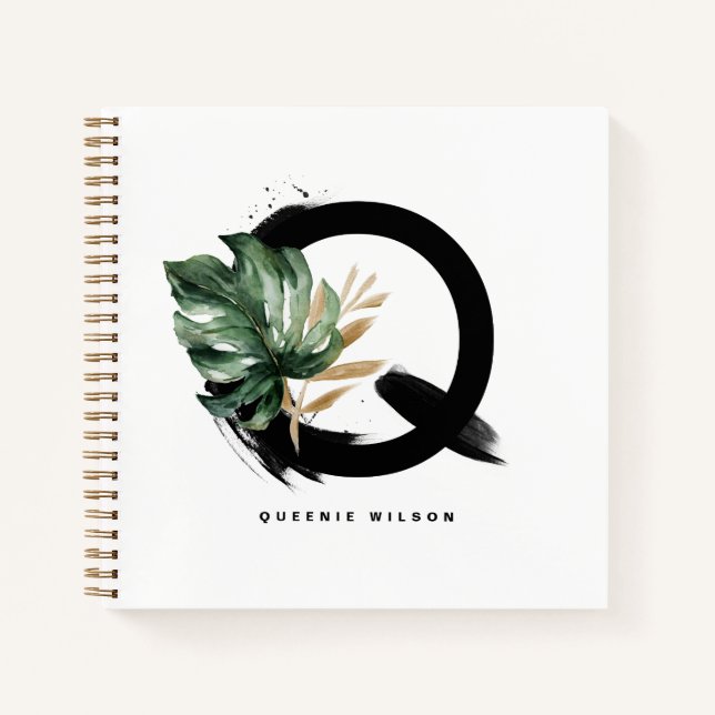 Boho Letter Q Monogram Tropical Monstera Blätter Notizbuch (Vorderseite)