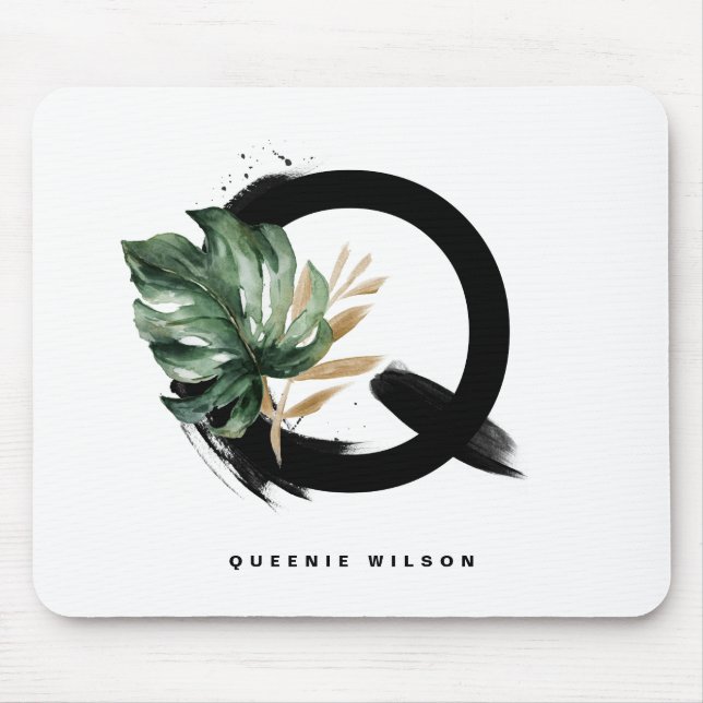 Boho Letter Q Monogram Tropical Monstera Leaf Mousepad (Vorne)
