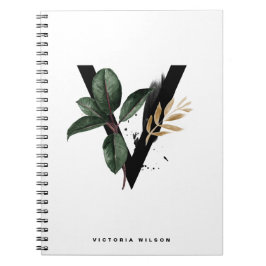 Boho Letter V Monogram Watercolor Tropical Blätter Notizblock