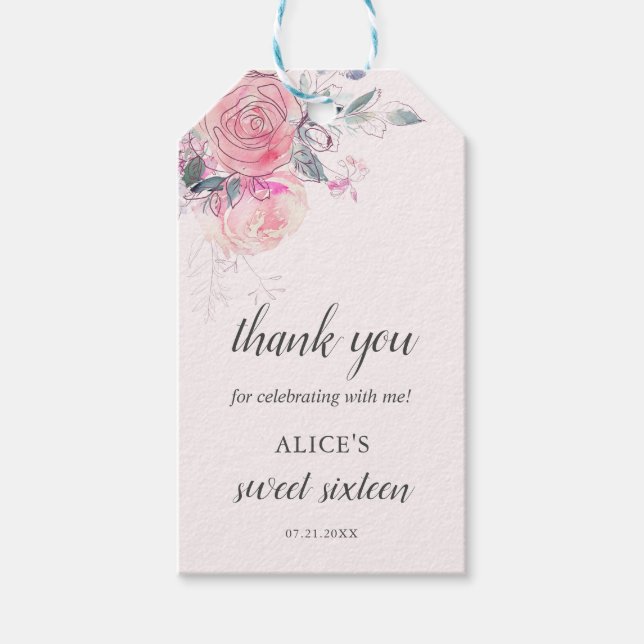 Boho Light Soft Pink Blume Sweet 16 Geschenkanhänger (Vorderseite)
