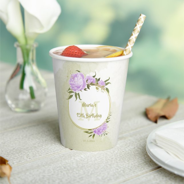 Boho lila Blumen grüne Blätter botanisch Pappbecher (In Situ)