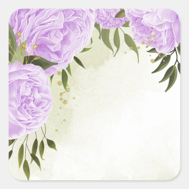 Boho lila Blumen grüne Blätter botanisch Quadratischer Aufkleber (Vorderseite)