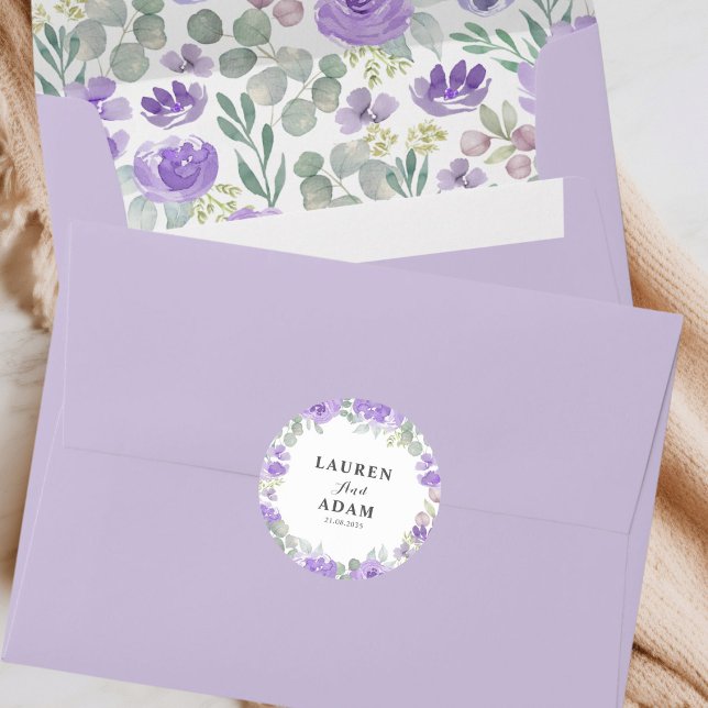 Boho Lila Blumenpaare Namen Hochzeit Runder Aufkleber (Von Creator hochgeladen)