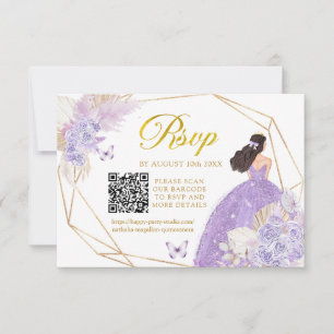 Boho Lila Butterfly Girl Quinceañera QR RSVP Karte