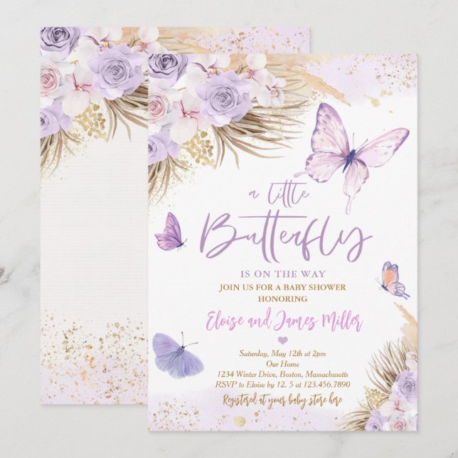 Boho Lila Butterfly Pampas Grass Baby Dusche Einladung (Vorne/Hinten)