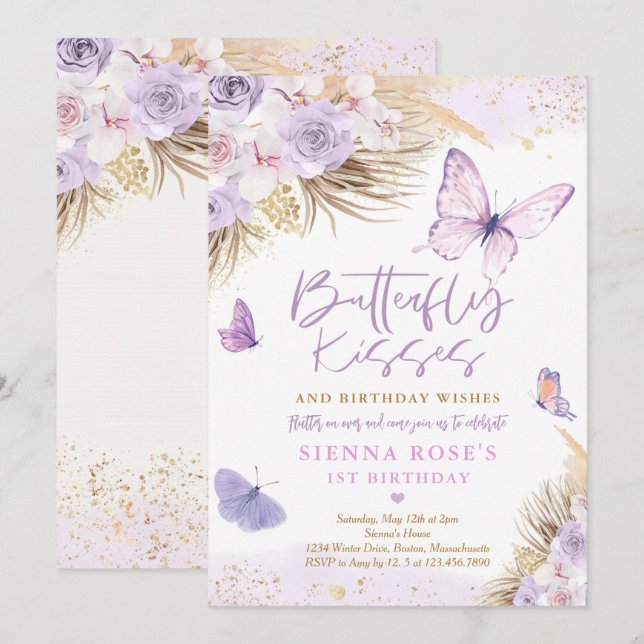 Boho Lila Butterfly Pampas Grass Birthday Party Einladung (Vorne/Hinten)