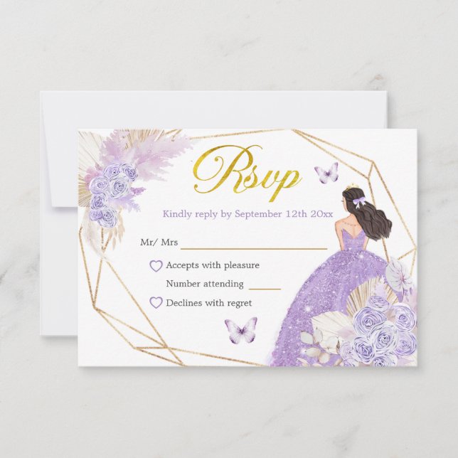 Boho Lila Butterfly Princesa Quinceañera RSVP Karte (Vorderseite)