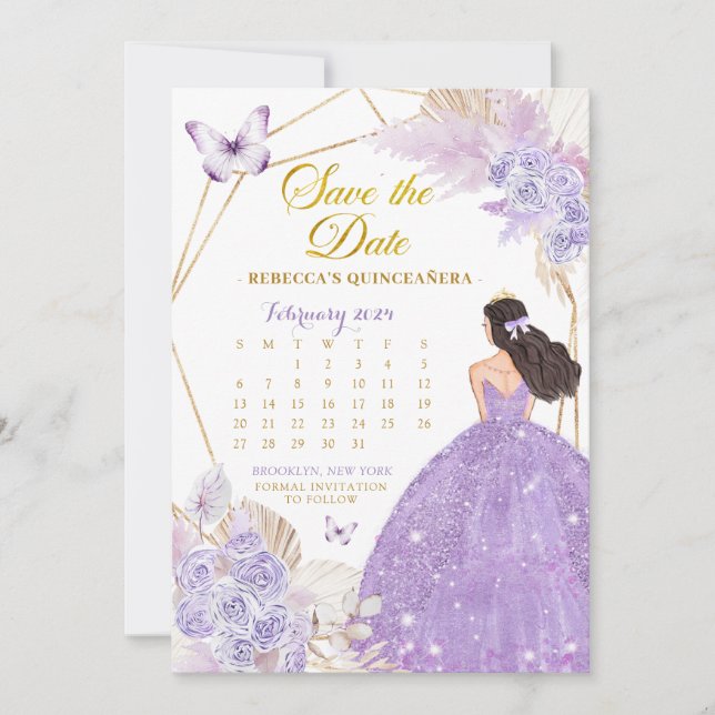 Boho Lila Butterfly XV Save the Date Kalender Einladung (Vorderseite)