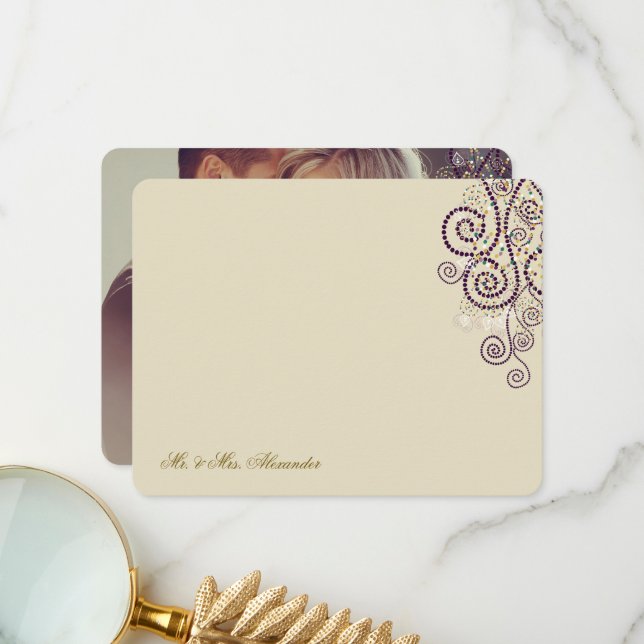 Boho Lila Dots & Spirals Elegantes Foto Hochzeit Dankeskarte (Vorderseite/Rückseite Beispiel)