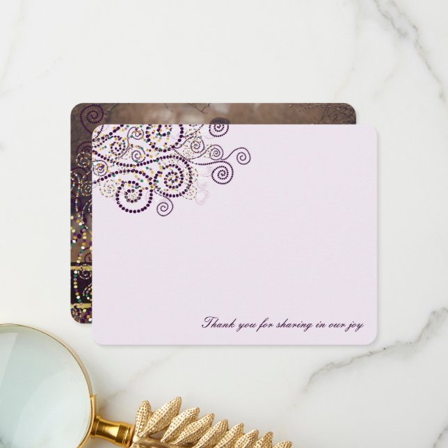 Boho Lila Dots Spirals Elegantes Foto Hochzeit Dankeskarte (Vorderseite/Rückseite Beispiel)