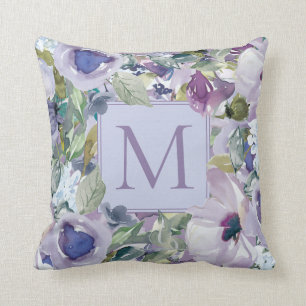 Boho Lila Dusty Blue Watercolor Floral Monogram Kissen