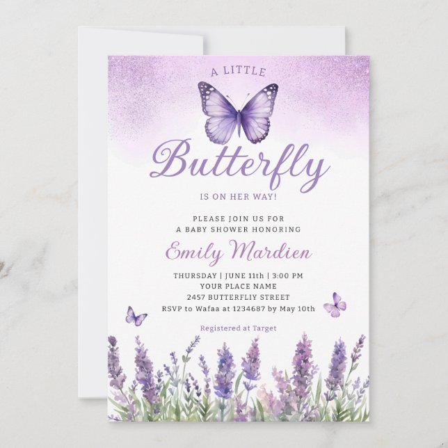 Boho Lila eine kleine Butterfly Girl Babydusche Einladung (Vorderseite)