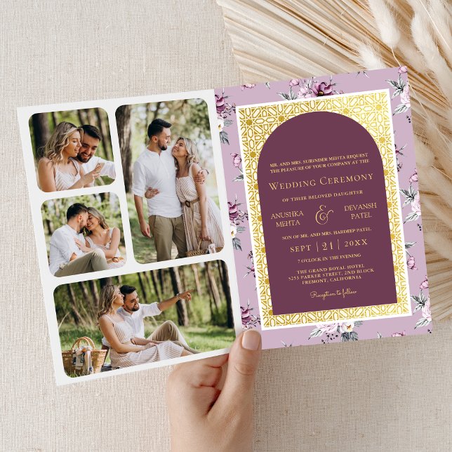 Boho Lila Floral All in One Gold Indian Wedding Einladung (Von Creator hochgeladen)