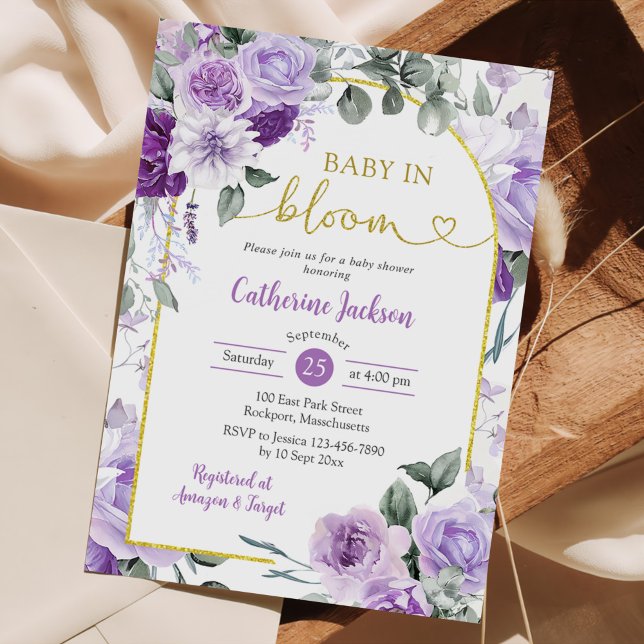 Boho Lila Floral Baby in Bloom Baby Dusche Einladung (Von Creator hochgeladen)