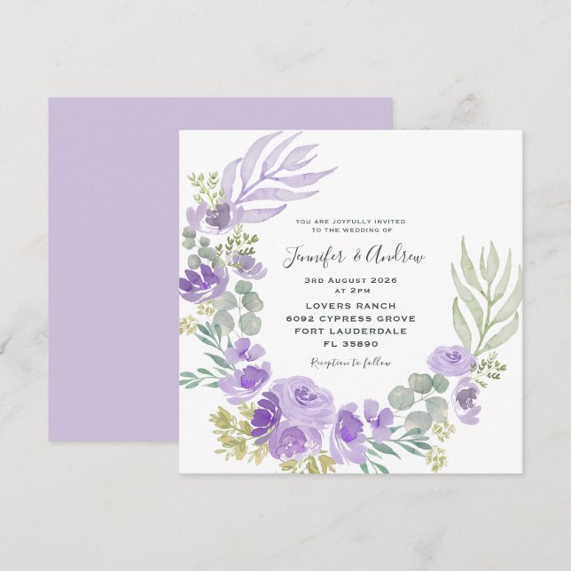 Boho Lila Floral & Botanische Wasserfarbe Einladung (Vorne/Hinten)
