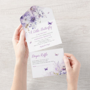 Boho Lila Floral Butterfly Girl Babydusche All In One Einladung