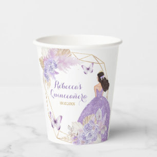 Boho Lila Floral Butterfly Princesa Quinceañera Pappbecher