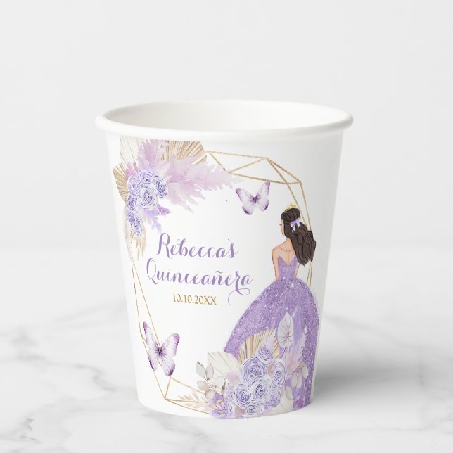 Boho Lila Floral Butterfly Princesa Quinceañera Pappbecher (Vorderseite)