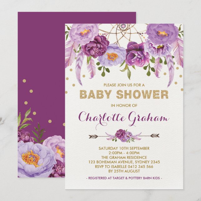 Boho Lila Floral Dreamcatcher Babydusche Einladung (Vorne/Hinten)