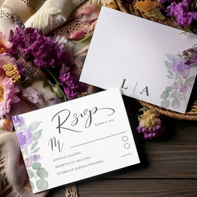 Boho Lila Floral Eucalyptus Wedding RSVP Karte (Von Creator hochgeladen)