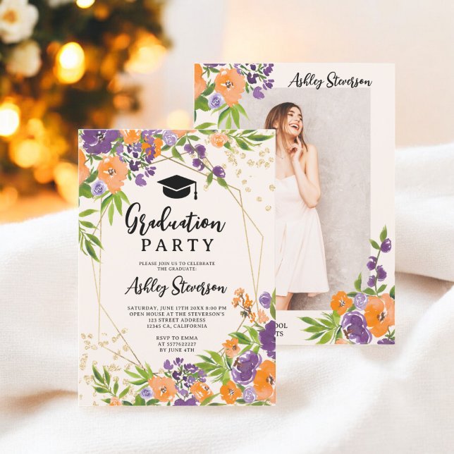 Boho Lila Floral Watercolor Abschluss Foto Einladung (Boho Purple Floral Watercolor Graduation Photo Invitation)