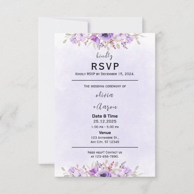 Boho Lila Floral Wedding RSVP Cards (Vorderseite)